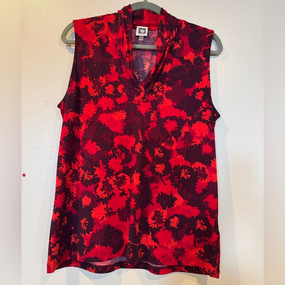 Anne Klein Blouse Women’s Large Red Floral Sleeveless V-neck